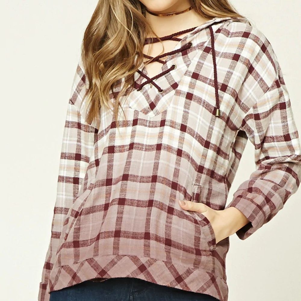 Plaid Flannel Lace-Up Hoodie